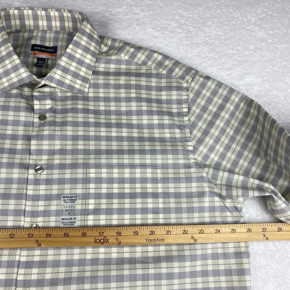 Van Heusen Shirt Mens 17-17.5/34-35 Blue/Cream Plaid Stain Shield Stretch NWT!